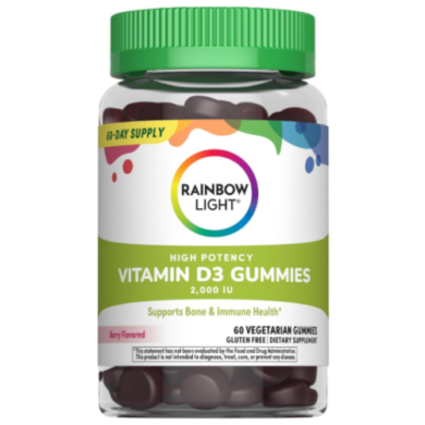 Flacone Rainbow Light High Potency Vitamina D3 Gummies 2000 IU gusto frutti di bosco, 60 caramelle vegetariane senza glutine per supporto ossa e sistema immunitario.